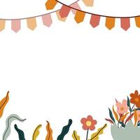 Easter frame with egg, flowers, garland and festive element. Square background for social media card, banner, invitation, seasonal print. Hand-drawn flat illustration. vector