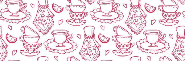 Vintage English tea party seamless Pattern. Porcelain cups set, lace napkins with embroidery and lemon. For packaging, fabric, stationery and branding. Hand drawn illustration in doodle style. vector