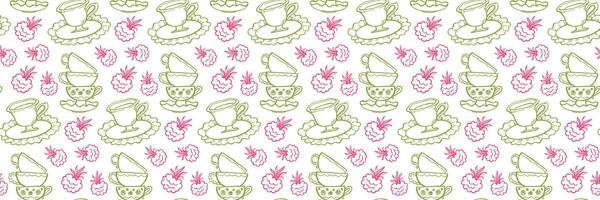 Whimsical seamless pattern with tea cups, raspberries and plates. Vintage Tea Time with raspberry. Ideal for packaging, fabric, stationery, and branding. Hand drawn illustration in doodle style vector