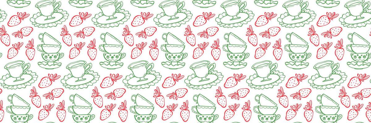 Whimsical seamless pattern with tea cups, strawberries and plates. Vintage Tea Time with strawberry. For packaging, fabric, stationery and branding. Hand drawn illustration in doodle style