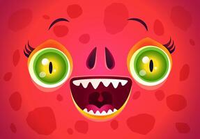 Cute face of a red monster for Halloween mask. Kawaii face of dragon with green eyes for Halloween costume. Funny troll face. vector
