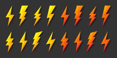 Yellow and orange lightning bolt icons collection. Flash symbol, thunderbolt. Simple lightning strike sign. illustration. vector