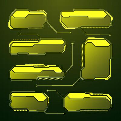 Yellow futuristic HUD, UI elements. Sci-fi user interface text boxes, callouts. Warning message frames, information boxes template. Modern game interface layout in digital style. illustration