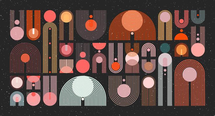Mid century arch, circle elements, modern geometric shapes with grunge texture. Contemporary design, minimalist art. Trendy design elements for wall decor, posters, books, covers. illustration