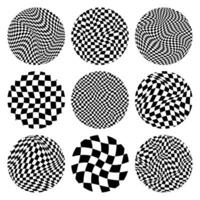 Trendy round checkered pattern, distorted tiled grid. Wavy curved backdrop, distortion effect. Funky geometric chessboard texture, retro background in 90s style, y2k. illustration vector