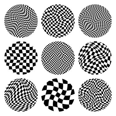 Trendy round checkered pattern, distorted tiled grid. Wavy curved backdrop, distortion effect. Funky geometric chessboard texture, retro background in 90s style, y2k. illustration