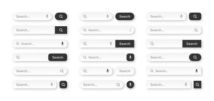 Various search bar templates. Internet browser engine with search box, address bar and text field. UI design, website interface element with web icons and push button. illustration vector