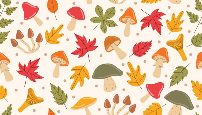 Cute autumn seamless pattern with leaf, mushroom and tiny dot in messy order, cartoon flat style.