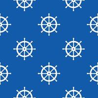 Nautical seamless pattern with white ship wheel silhouette in polka dot order on navy blue background in cartoon flat style. vector