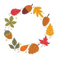 Cute autumn round frame or wreath with leaf, cone, acorn, and tiny dot in cartoon flat style. vector