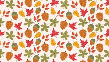 Seamless cartoon flat style pattern with autumn leaf, rosehip, cone, and acorn. vector