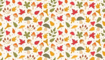 Seamless cartoon flat style pattern with autumn leaf, mushroom, and small dot scattered in playful messy layout. I vector