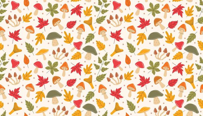 Seamless cartoon flat style pattern with autumn leaf, mushroom, and small dot scattered in playful messy layout. I
