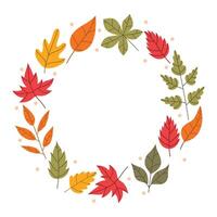 Cute autumn round frame or wreath with leaves and tiny dots in cartoon flat style. vector