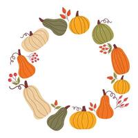 Cute autumn round frame or wreath with pumpkin and berry in cartoon flat style. vector