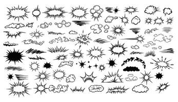 Collection of comic book elements featuring various burst and cloud effects in black and white with comic style vector
