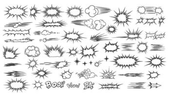 Comic book elements collection various speech bubbles and explosion effects with retro design and modern appearance for graphic design projects vector