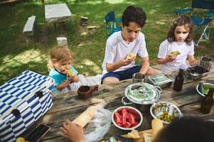 Family Enjoying a Relaxing Outdoor Picnic With Fresh Food in a Green Park photo