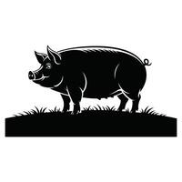 Black silhouette of a pig standing in grass on a white background vector
