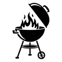 Black silhouette of a charcoal grill with flames and a wheel vector