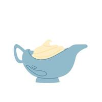 Elegant gravy boat with sauce in soft pastel blue. vector