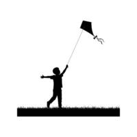 Silhouette of a Child Flying a Kite in a Field Happy Kid Playing Outdoors vector