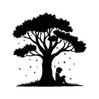 Silhouette of a girl reading a book under a large tree with falling leaves vector