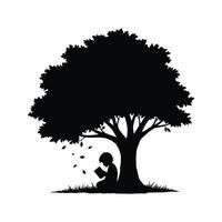 Silhouette of Child Reading Book Underneath a Large Tree Autumn Leaves Falling vector