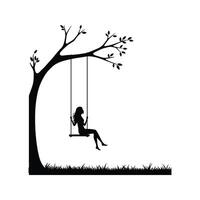 Silhouette of a girl on a swing hanging from a tree branch black and white illustration vector