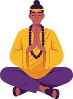 Meditating person in yellow robe and purple pants practicing mindfulness and spiritual calmness in lotus position illustration vector