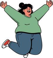 Happy plus size woman jumping with raised arms wearing green sweater and red sneakers cheerful illustration vector