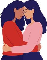 Two women embracing gently with closed eyes showing affection and comfort in a loving moment vector