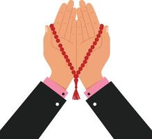 Hands holding red prayer beads in open gesture with black suit and pink cuffs illustration vector