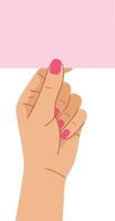 Female hand with pink nails holding blank pink card for note or message design vector