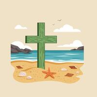 Green wooden cross on sandy beach with seashells starfish and ocean waves illustration vector