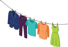 Clothes hanging on a line in various colors and styles illustration for laundry or fashion design purposes vector