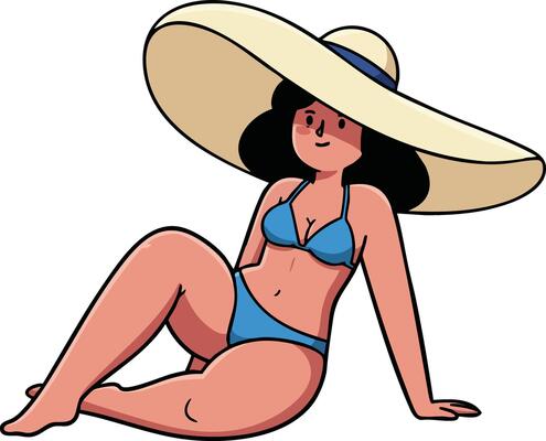 Woman in blue bikini and large sun hat relaxing on beach illustration summer vacation concept