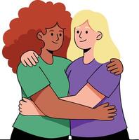 Two diverse women embracing in friendly hug showing support and affection illustration vector