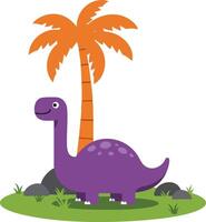 Purple dinosaur standing near orange palm tree on green grass with rocks simple art vector