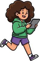 Child running while playing on digital tablet with happy expression in casual outfit illustration vector