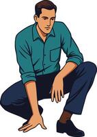 Man crouching in thoughtful pose wearing teal shirt and navy pants illustration for design and creativity projects vector