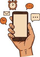 Hand holding smartphone with communication icons alarm clock message chat bubbles illustration vector