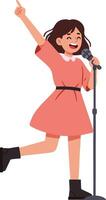 Young girl singing on stage holding microphone with joyful expression and energetic pose illustration vector