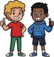 Two happy boys giving thumbs up gesture in casual colorful clothes smiling cheerful illustration vector