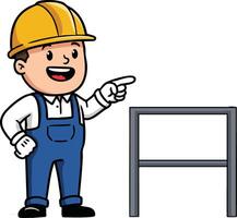Construction worker cartoon character pointing at steel frame structure illustration for building and industry concepts vector