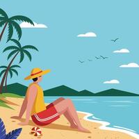 Man Relaxing on Sunny Beach Wearing Straw Hat and Red Shorts by Palm Trees and Ocean Waves Seaside Scene vector