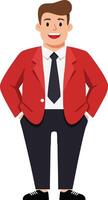 Young man smiling standing with hands in pockets wearing red jacket and black tie illustration vector