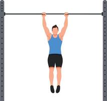 Man performing pull up exercise on horizontal bar fitness training for strength and endurance development vector