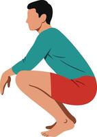 Man in green shirt and red shorts squatting exercise pose isolated on white background illustration vector