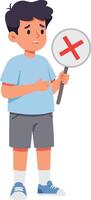 Sad boy holding disapproval sign with red cross symbol expressing negative feedback illustration vector